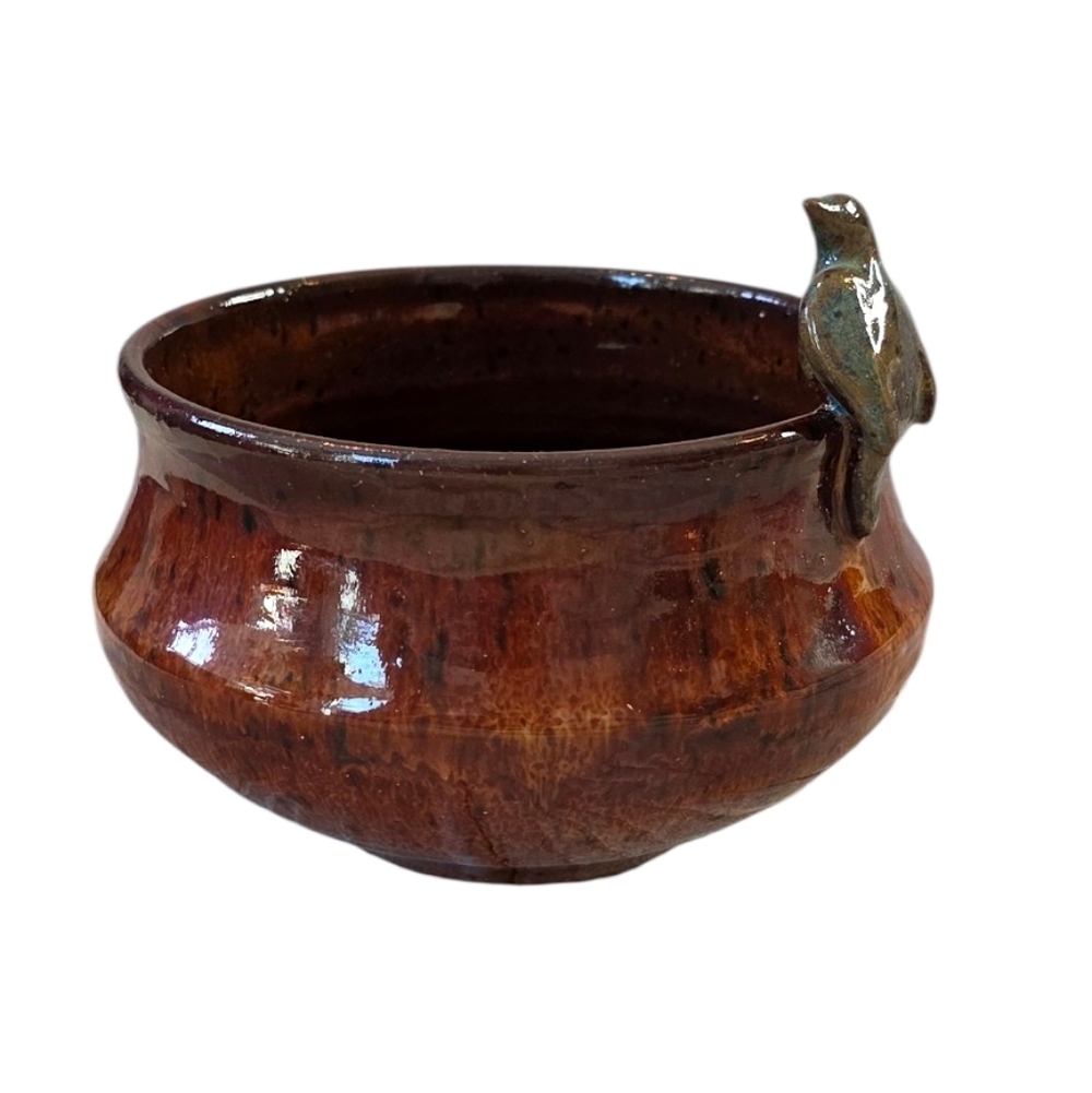 Handcrafted Brown Ceramic Bowl With Bird Accent